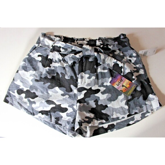 NWT BeBop Large Women Shorts Pocket Tie Waist Belted Linen Blend Black Gray Camo - Picture 1 of 10